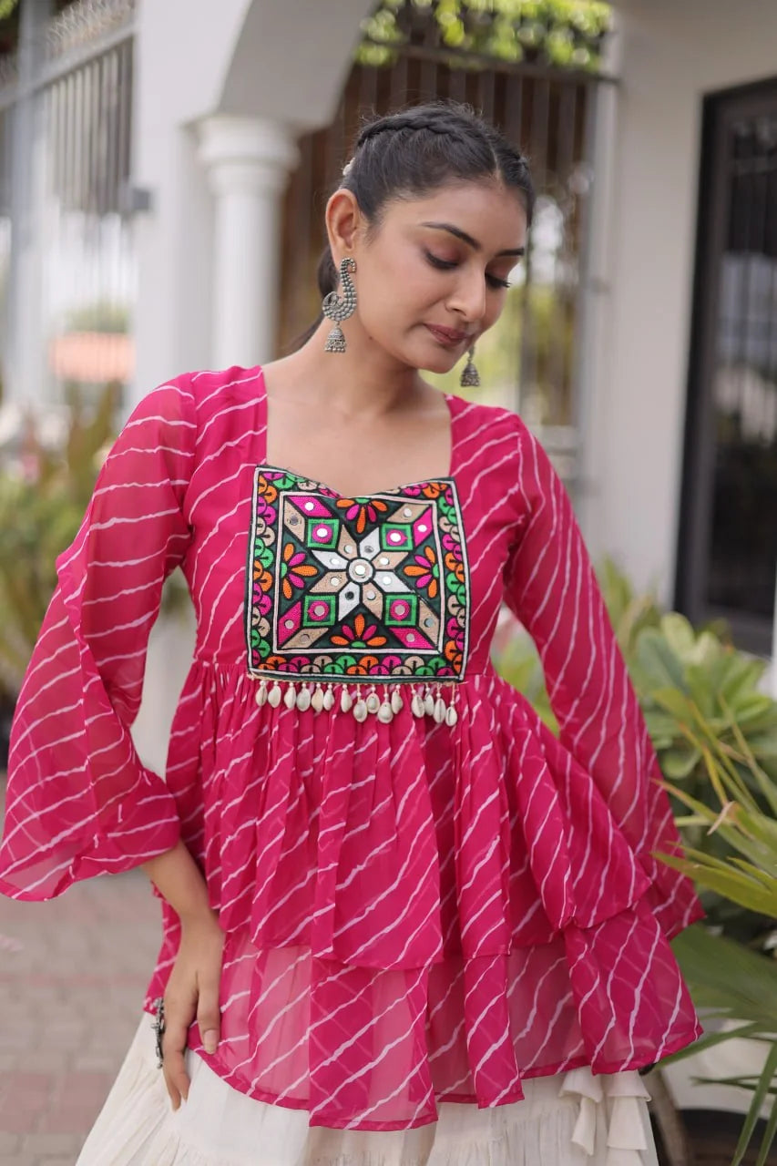 navratri lehenga choli pink kutchi gamthi top patchwork closeup