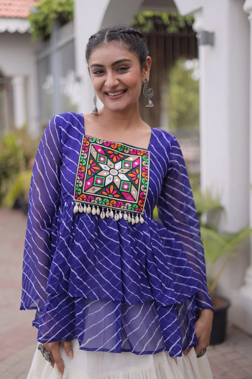 navratri lehenga choli purple kutchi gamthi top closeup mirror work cowrie