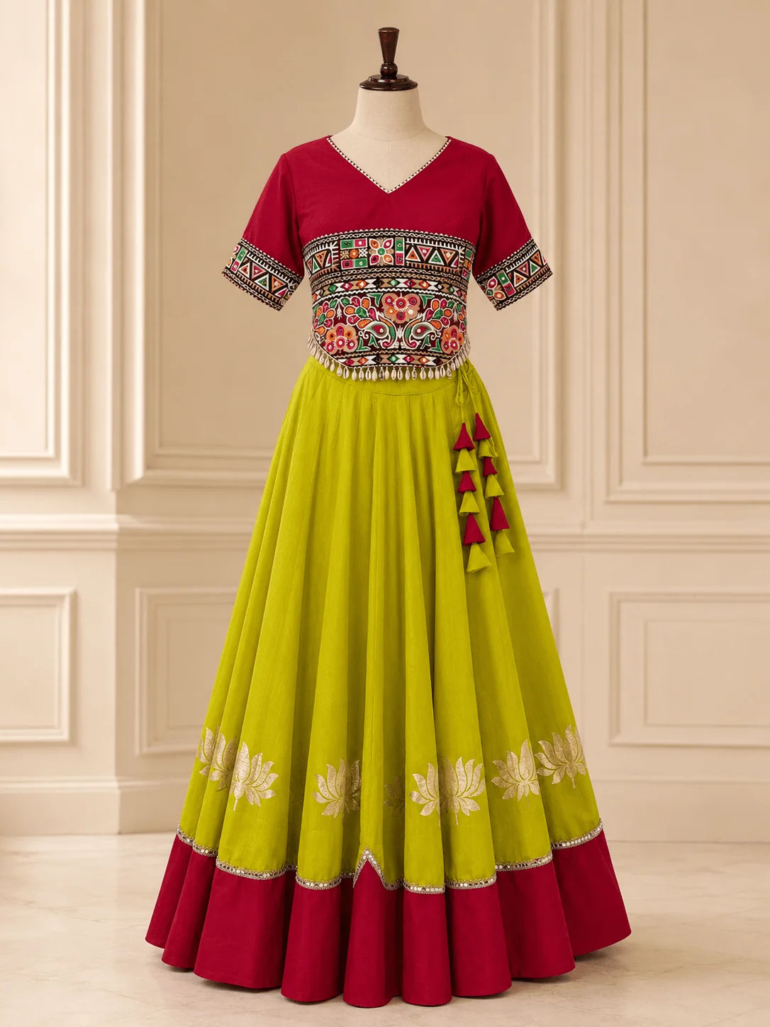 Navratri lehenga choli lime green lehenga maroon border Kutchi Gamthi blouse full outfit