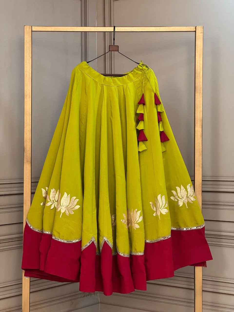 Lime green lehenga skirt maroon border lotus gota mirror work navratri garba choli