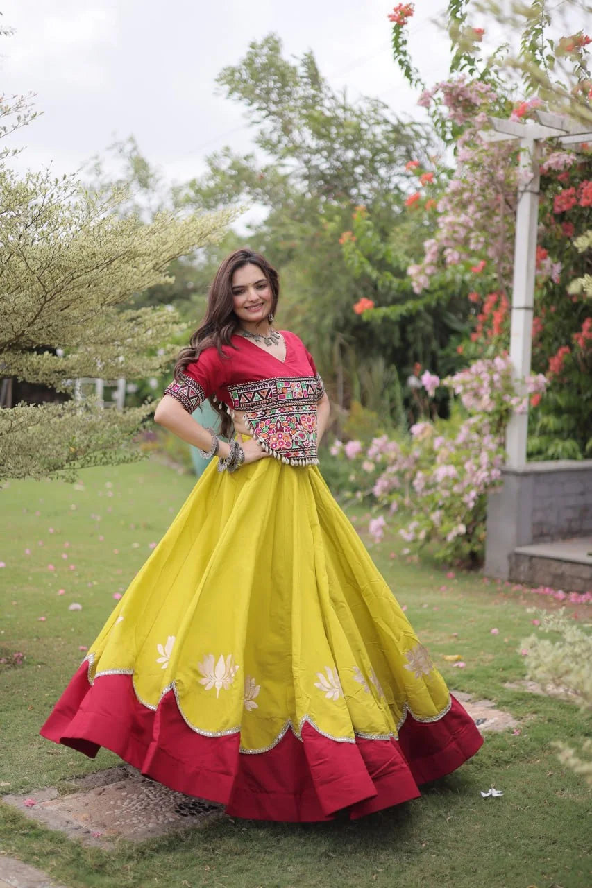 Navratri lehenga choli lotus flower gota mirror lace work border detail closeup