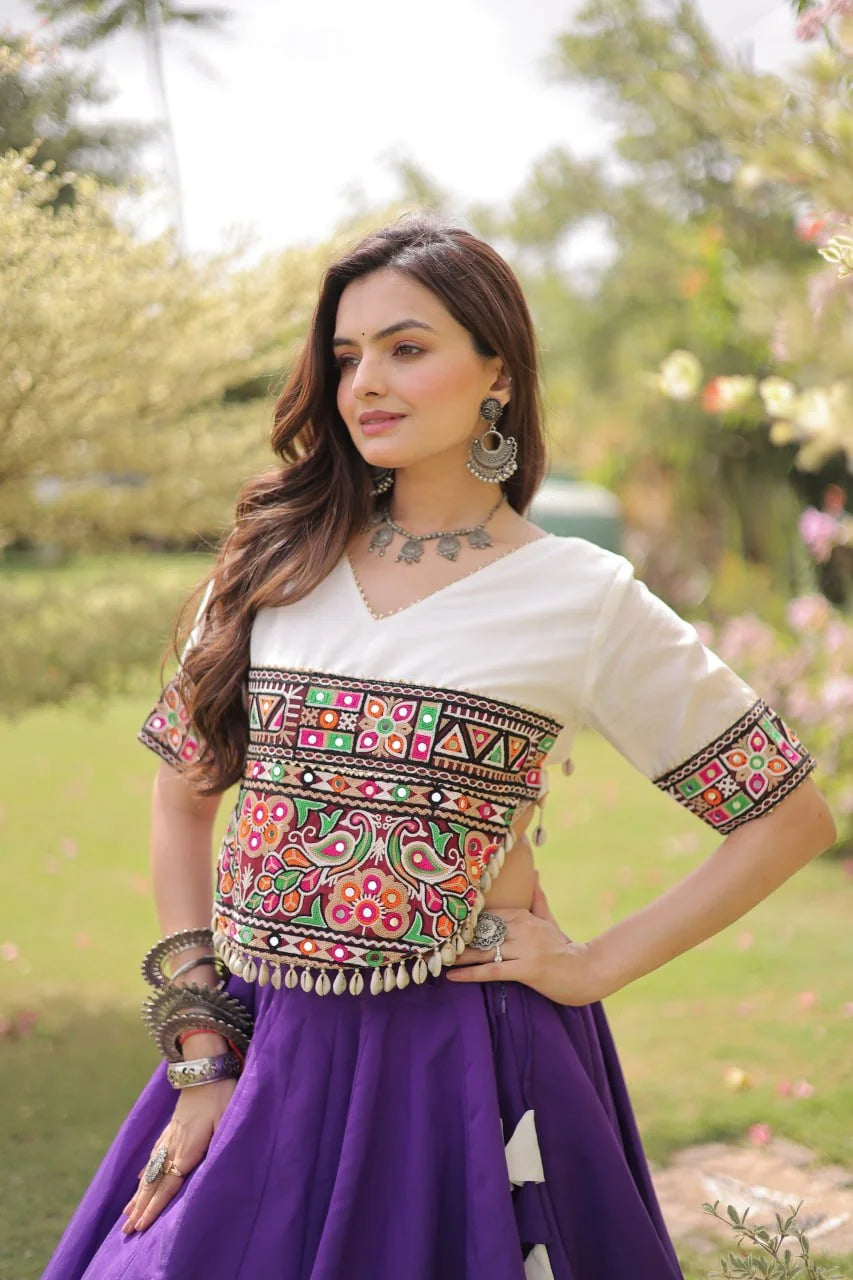 Navratri lehenga choli Kutchi Gamthi embroidery top – purple lehenga front view