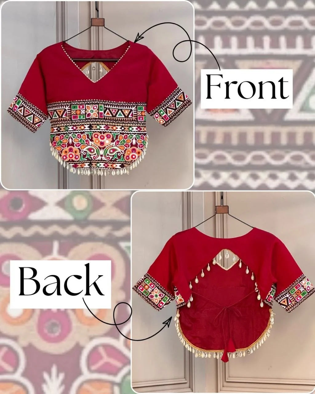 Maroon Kutchi Gamthi embroidery blouse navratri lehenga choli front and back view