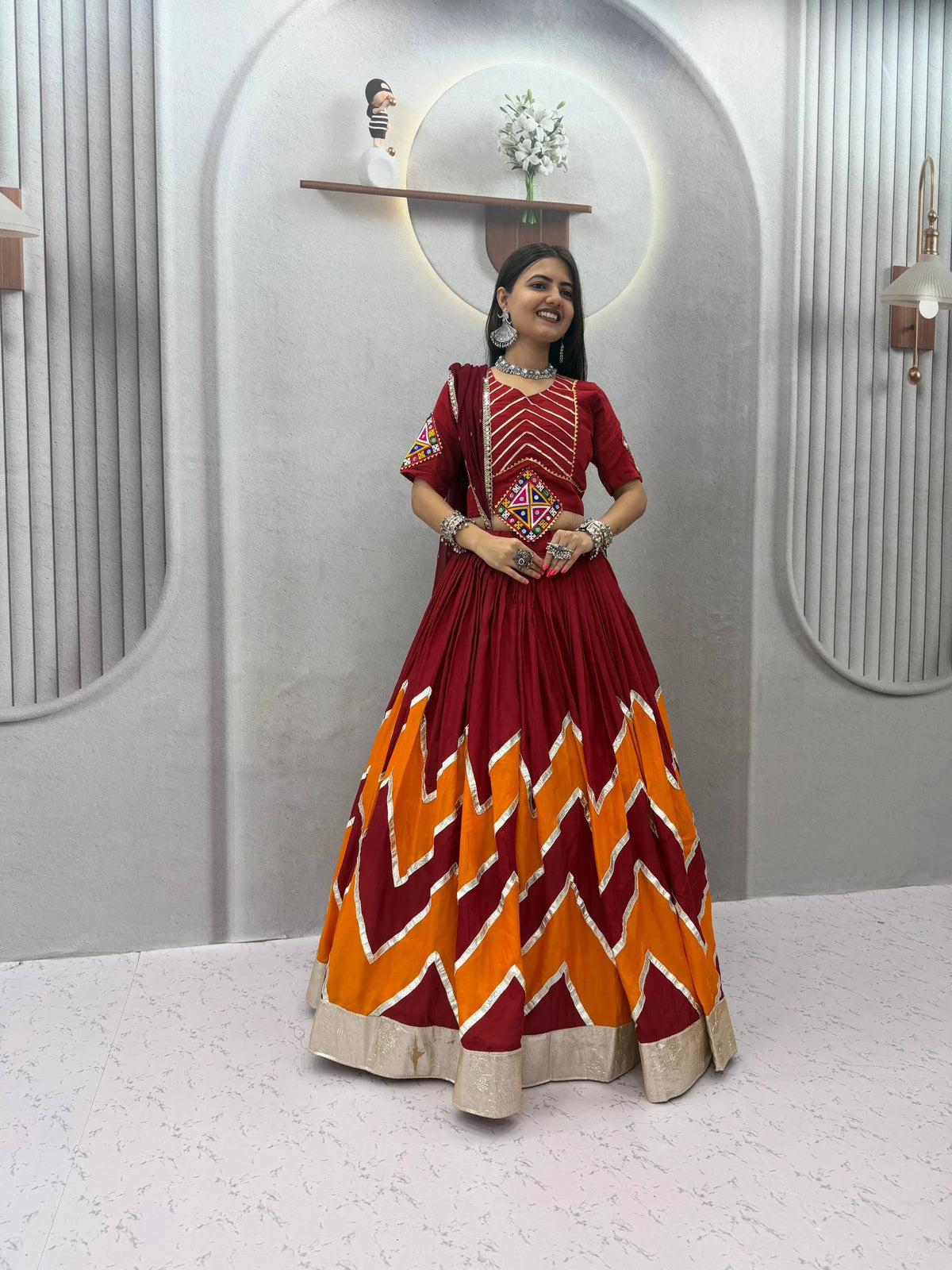 Navratri lehenga choli maroon orange full length Garba outfit