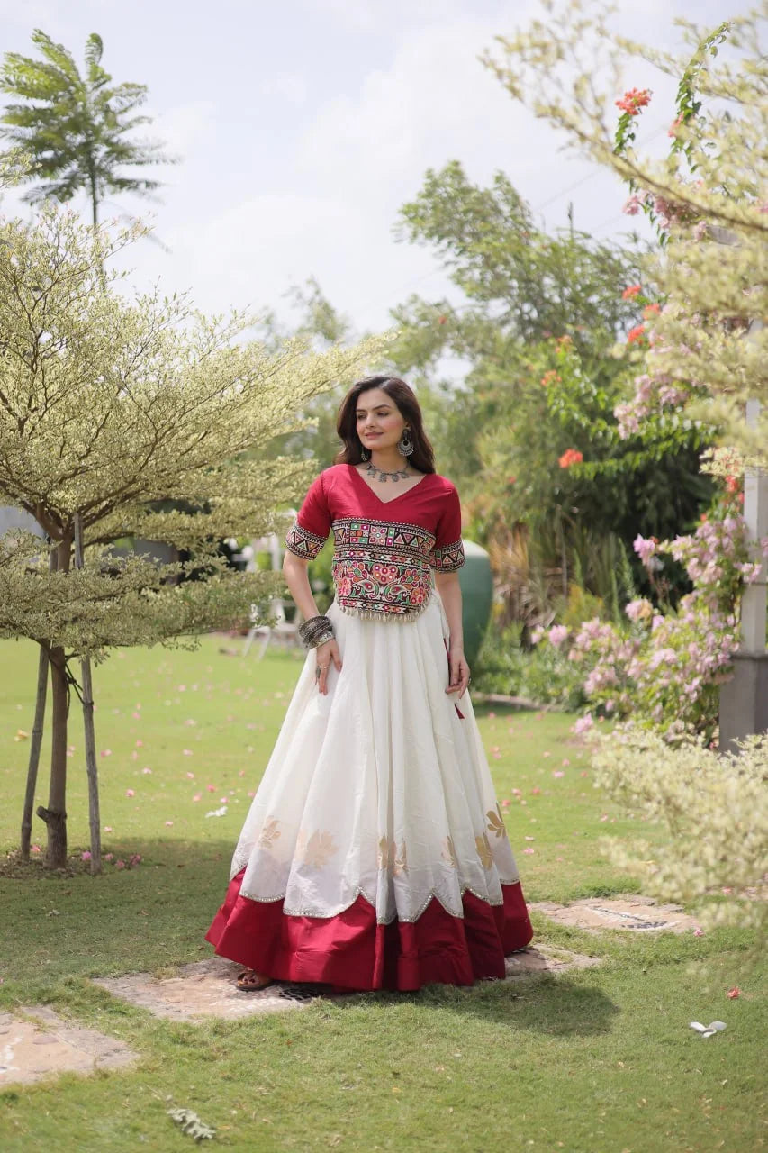 Garba lehenga choli maroon Kutchi top pink lehenga full front view