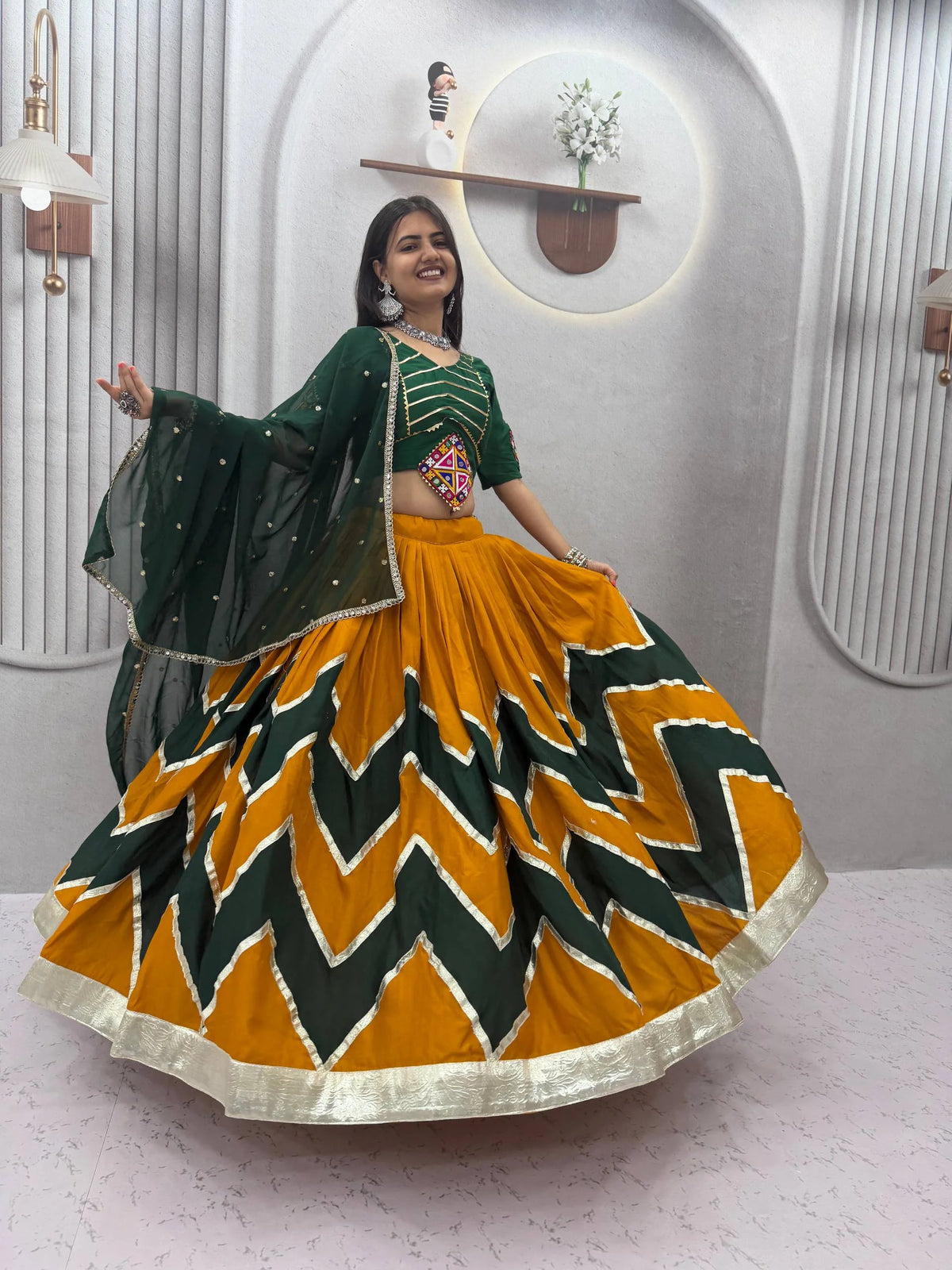 Navratri lehenga choli mustard green full view Gujarati festive