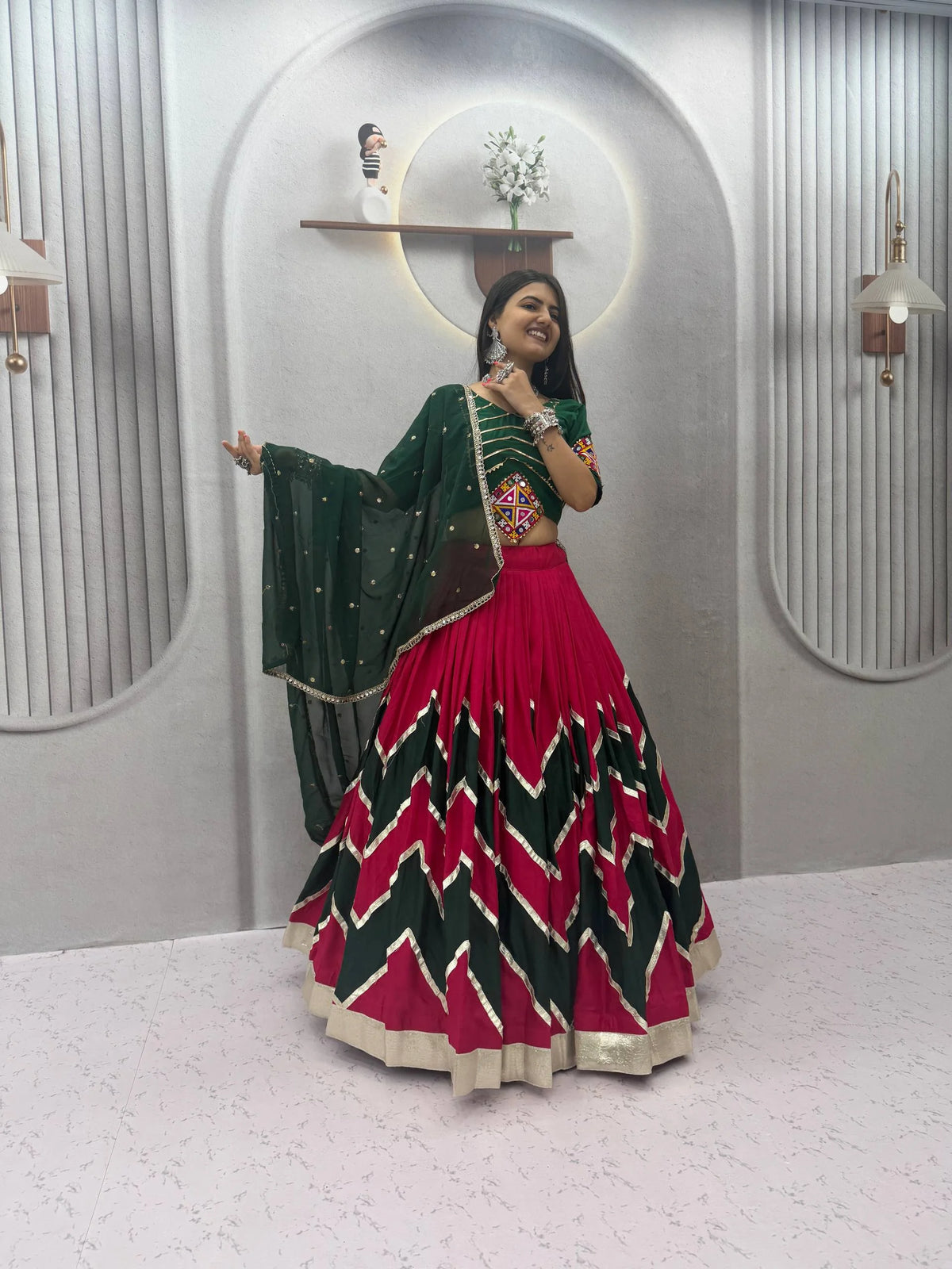 Navratri lehenga choli mustard green side view with Kutchi mirror