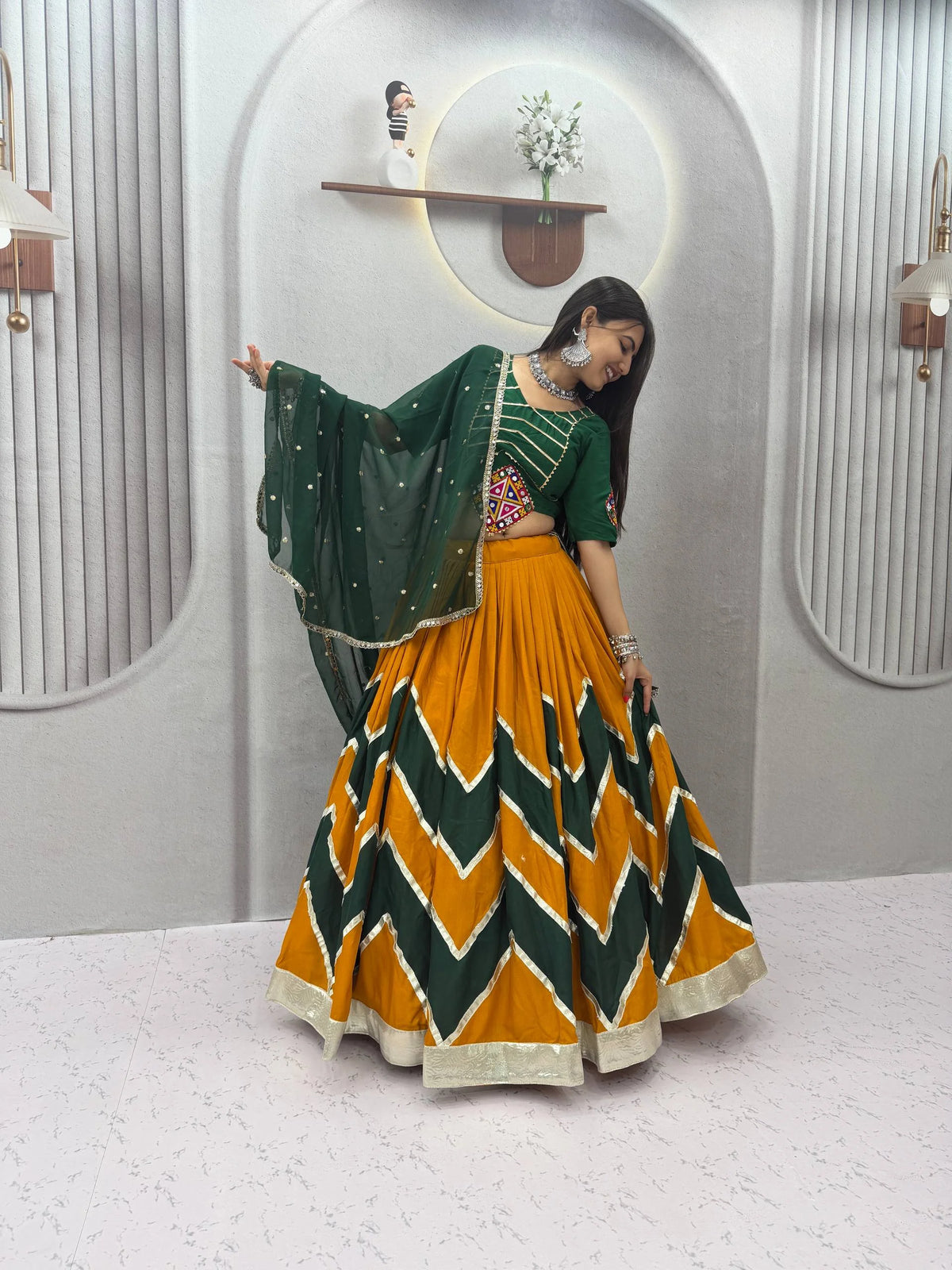 Mustard green navratri lehenga choli twirl 6-metre flare