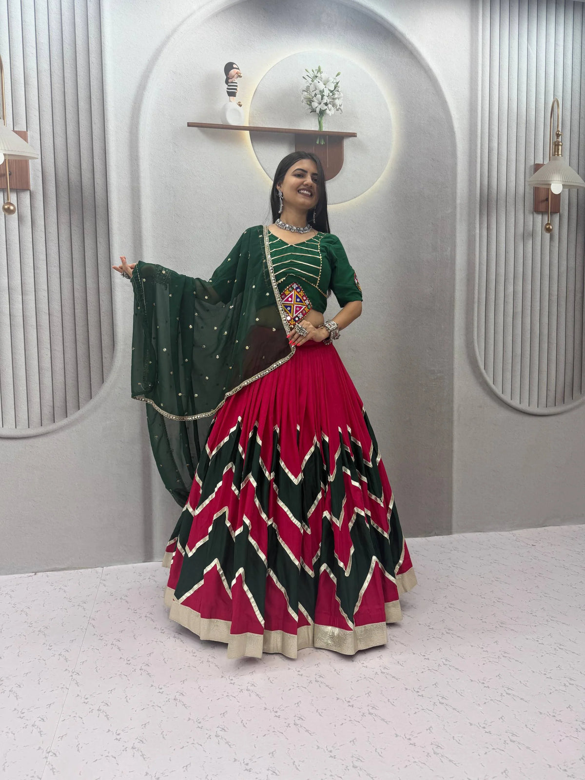 Mustard pink navratri lehenga choli full length Dandiya look