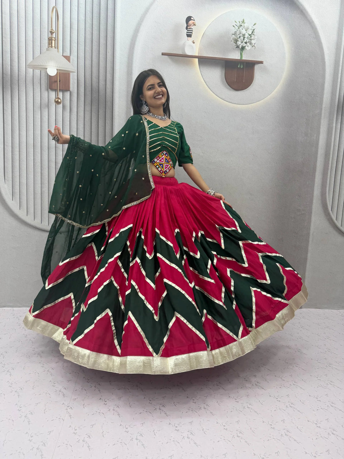Navratri lehenga choli mustard pink side view rayon cotton