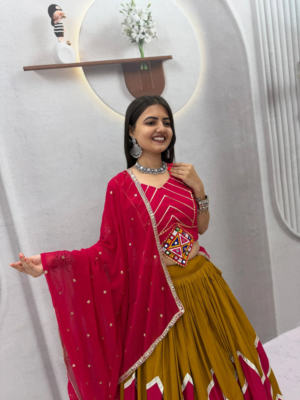 Mustard pink navratri lehenga choli twirl zigzag design