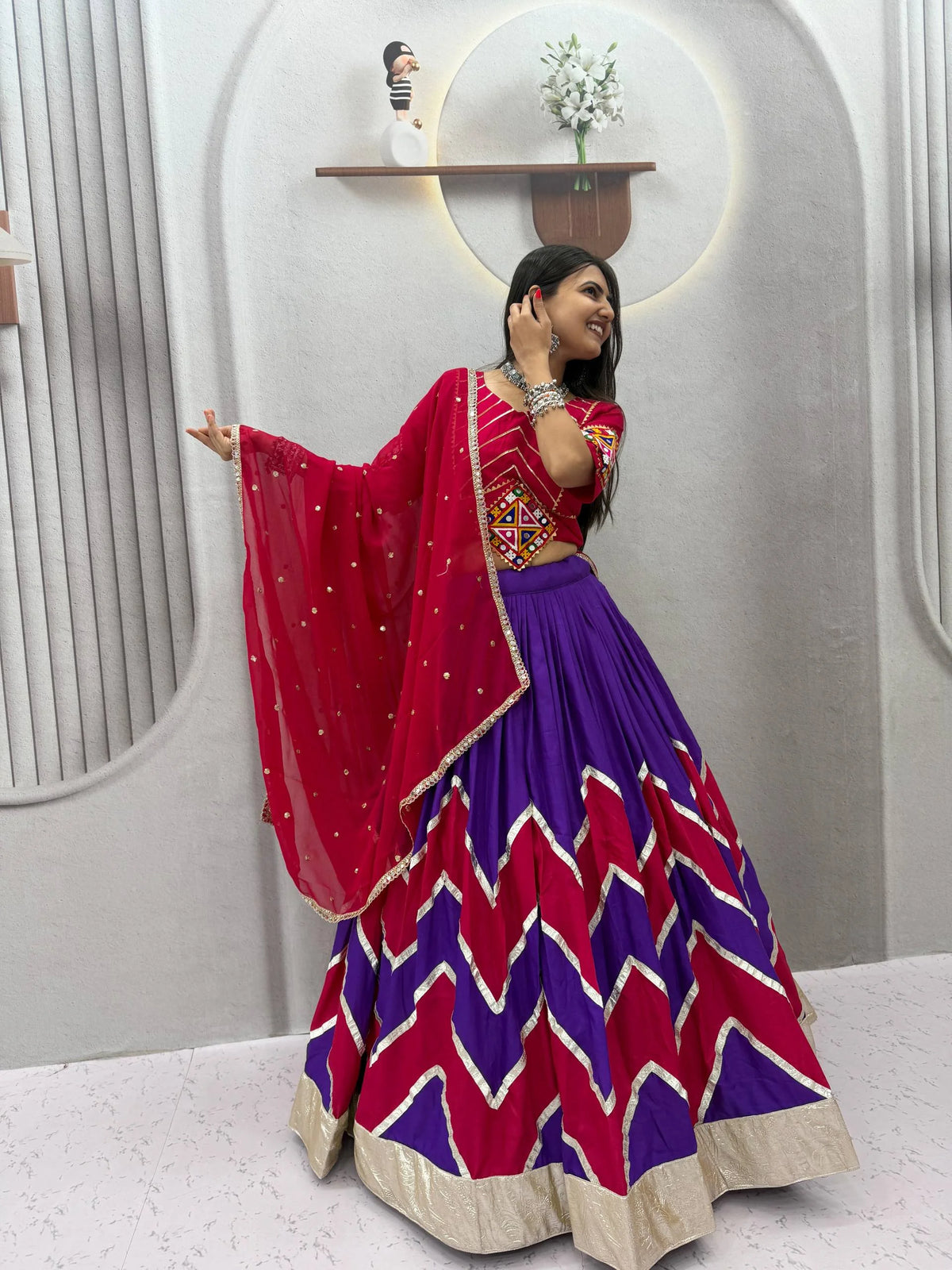 Navy red navratri lehenga choli full length with dupatta