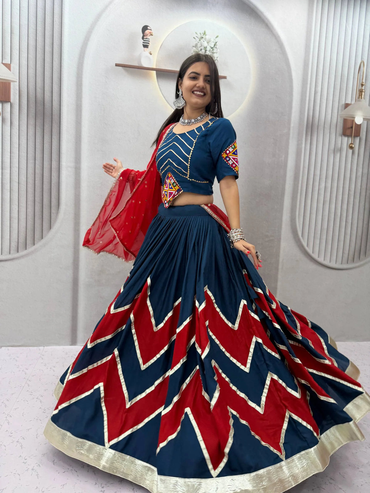 Navratri lehenga choli navy blue red zigzag design side view