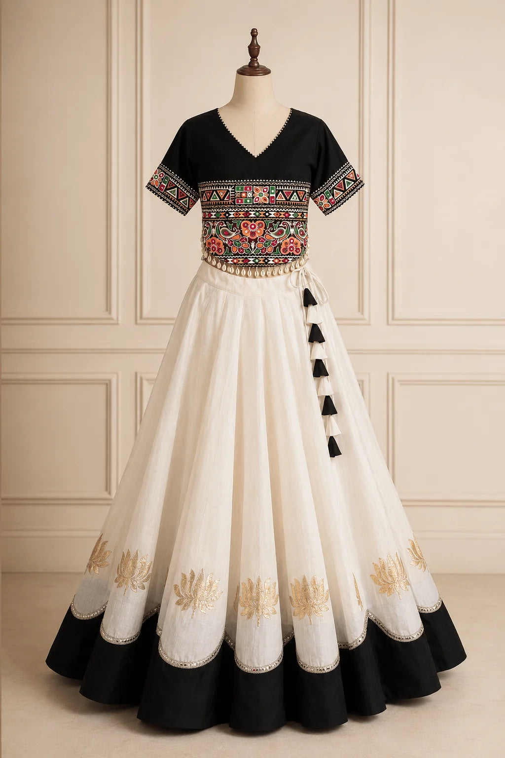 Navratri lehenga choli off-white lehenga black border Kutchi Gamthi blouse full outfit