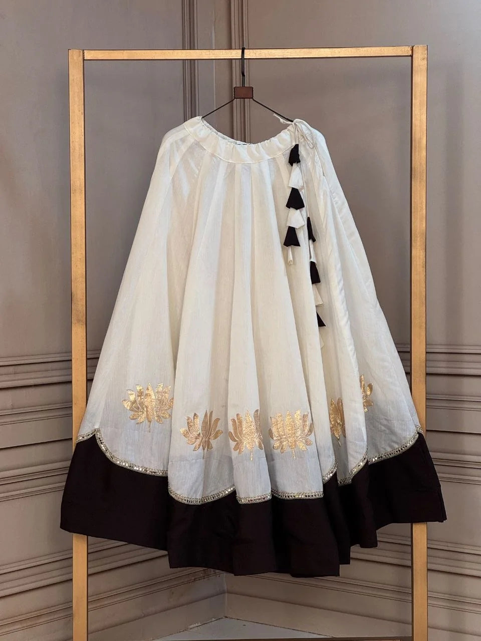 Off-white lehenga skirt black border lotus gota mirror work navratri choli Roman fabric