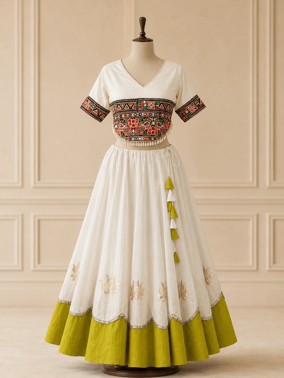 Navratri lehenga choli off-white lehenga lime green border Kutchi Gamthi blouse full outfit