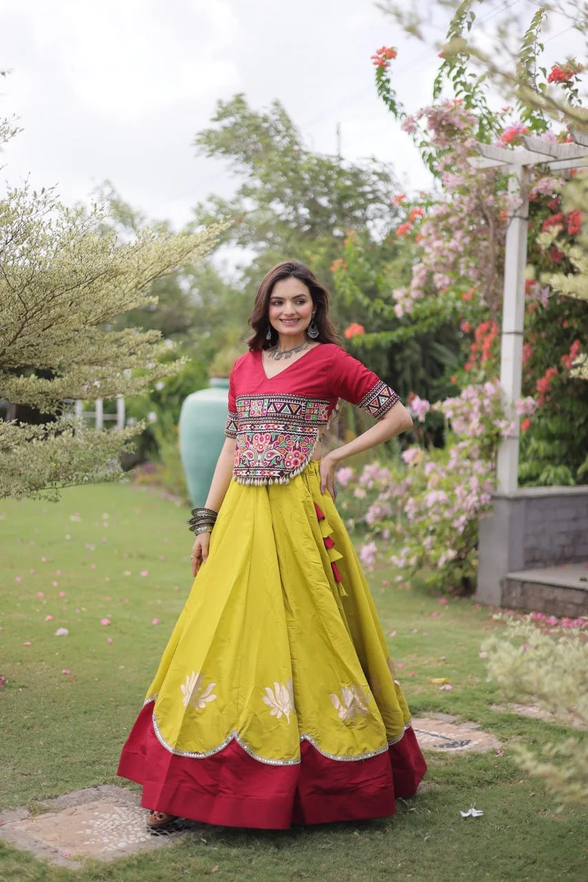 Navratri lehenga choli olive yellow lehenga red Kutchi top lotus swing