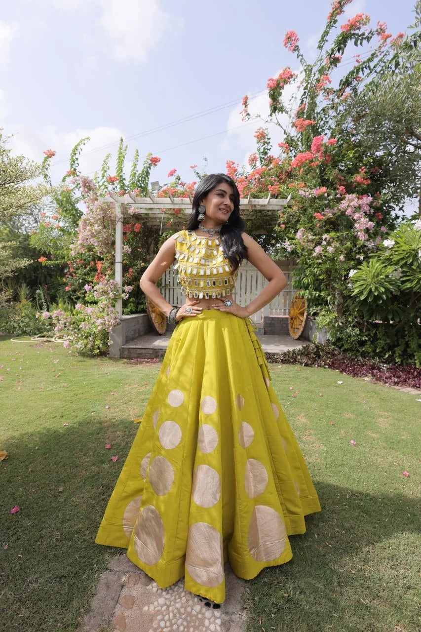 Navratri lehenga choli parrot yellow back view lace-up blouse detail