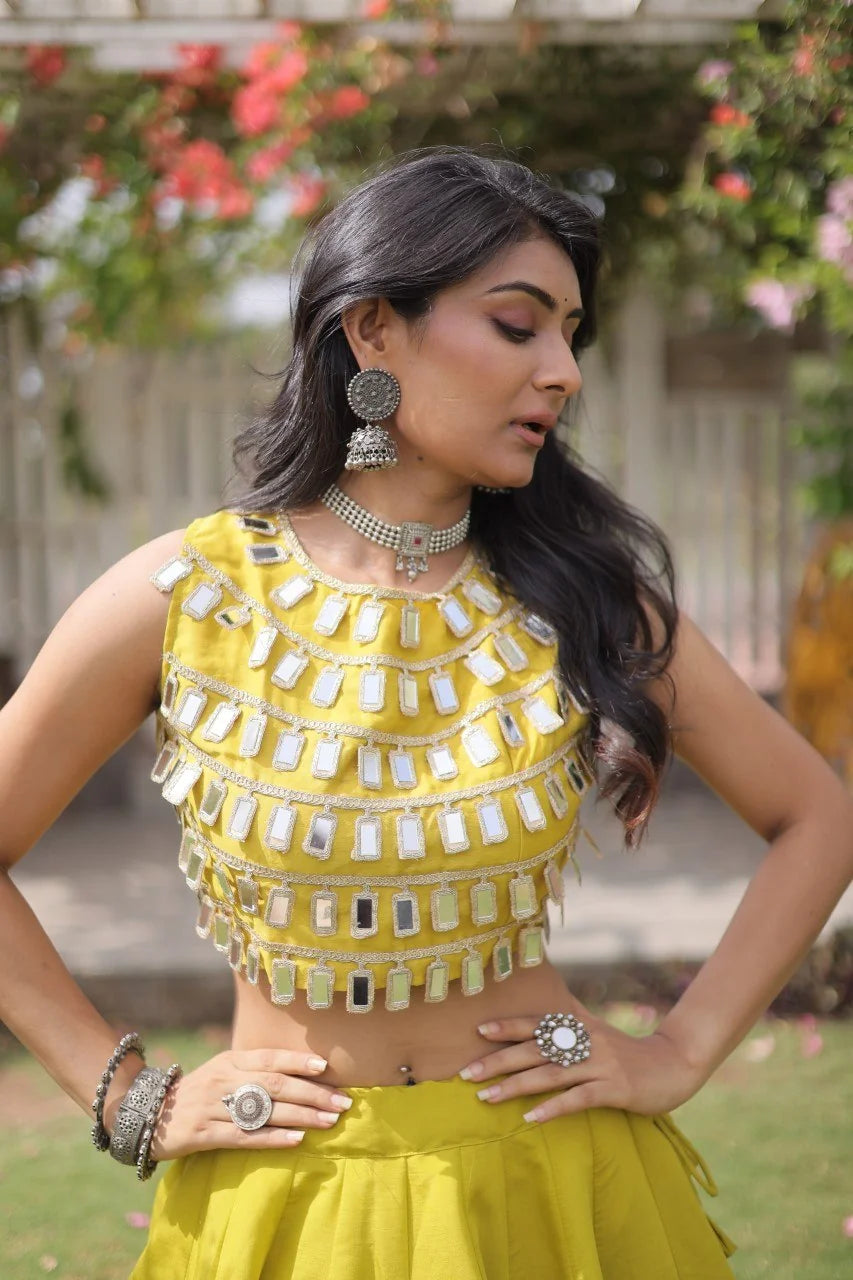 Navratri lehenga choli parrot green mirror lace top closeup rectangle mirrors