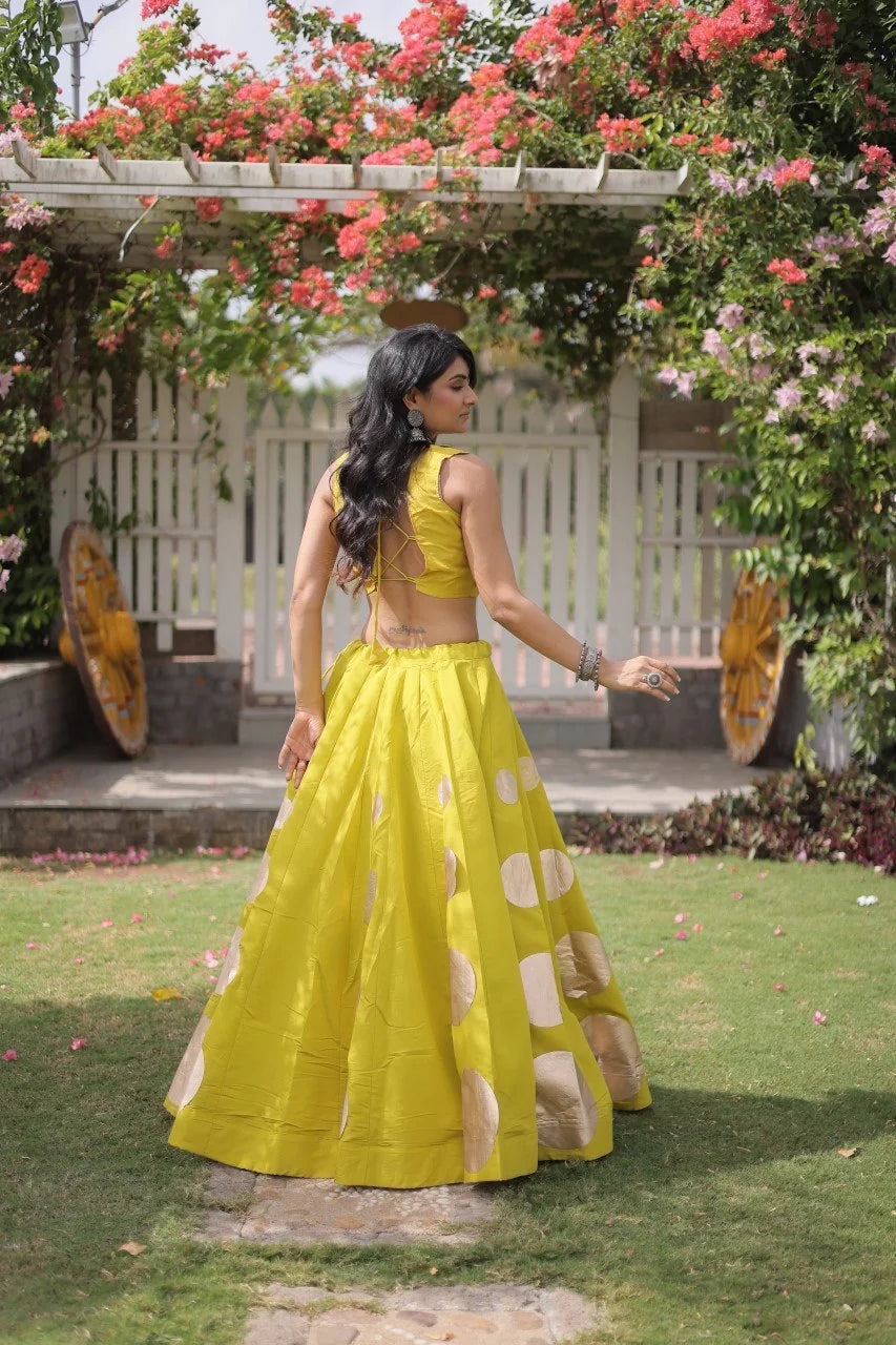 Roman silk navratri lehenga choli parrot yellow full garden pose