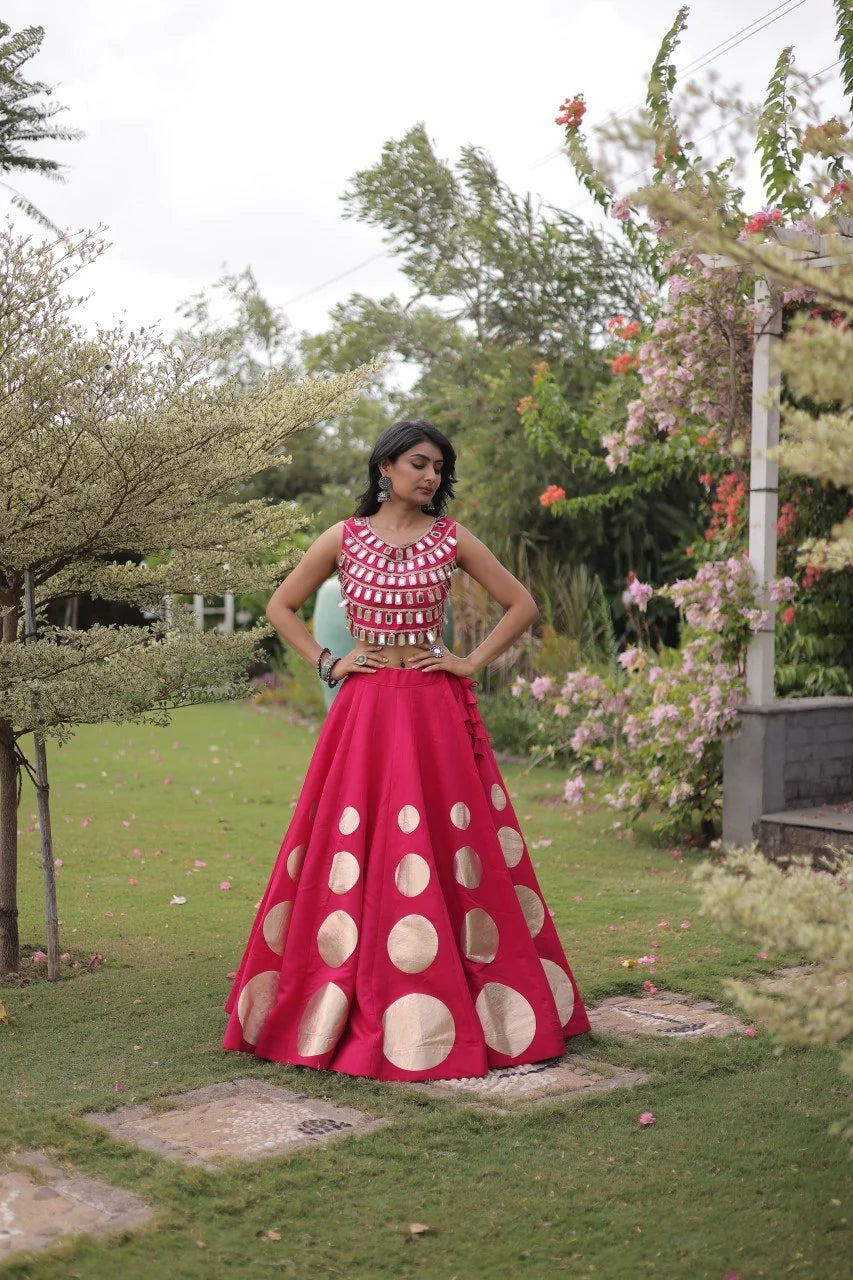 Navratri lehenga choli pink full standing garba festive 6-metre flair
