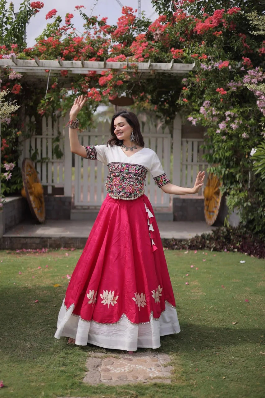 Navratri lehenga choli pink 6 metre Roman fabric flair garba dance swing