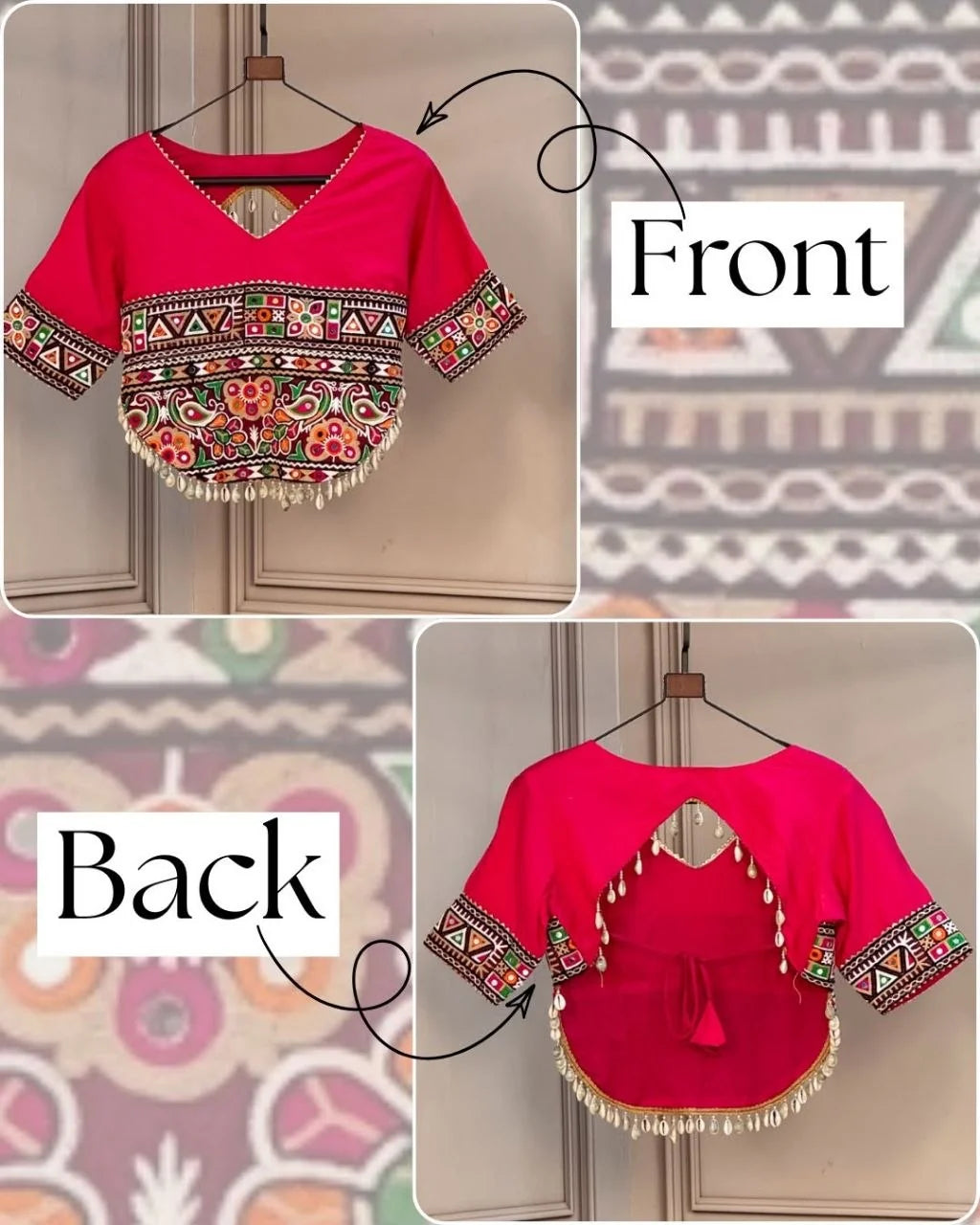 Pink Kutchi Gamthi blouse navratri lehenga choli front and back close-up