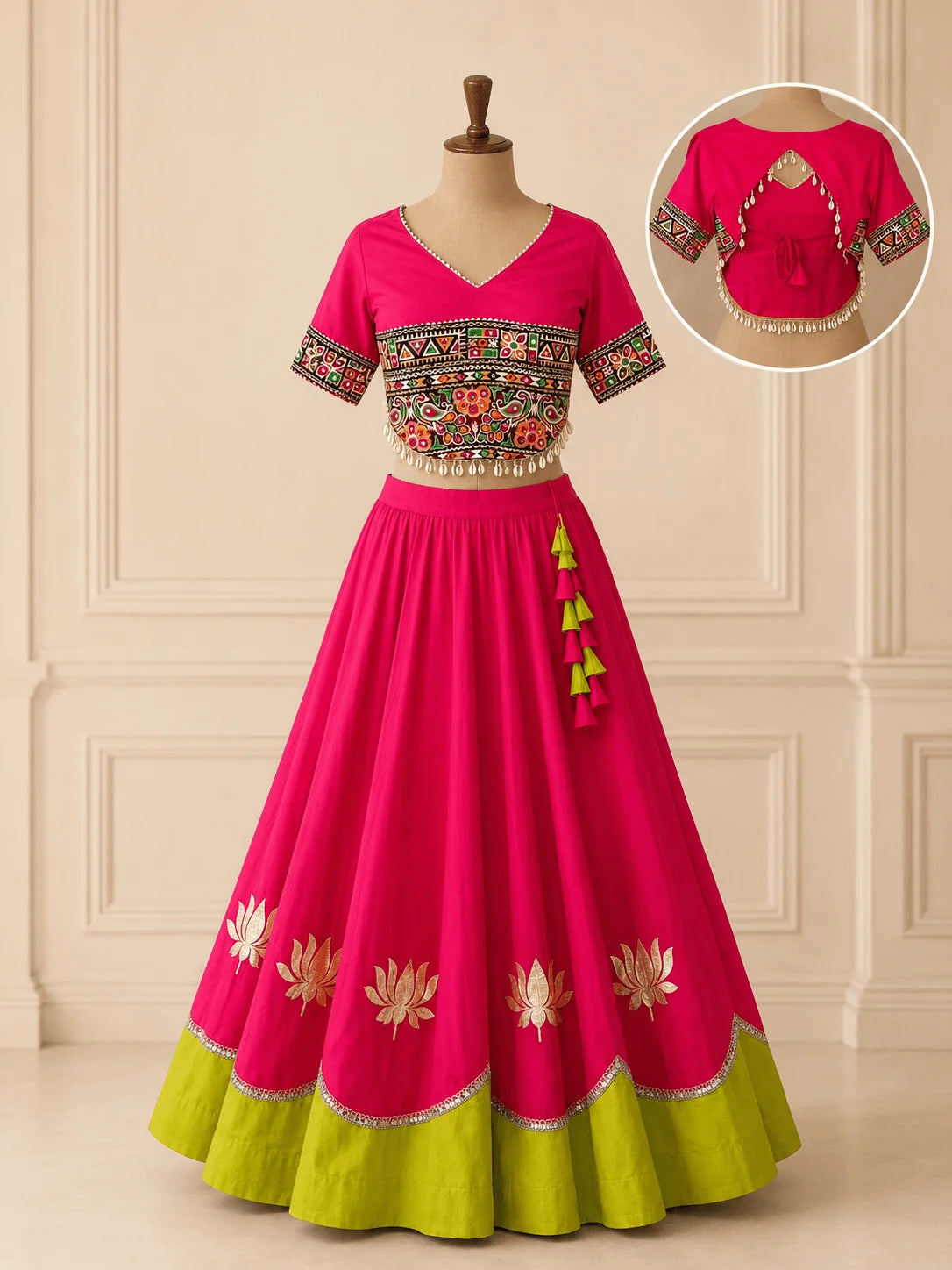 Navratri lehenga choli pink lehenga lime green border Kutchi Gamthi blouse full outfit