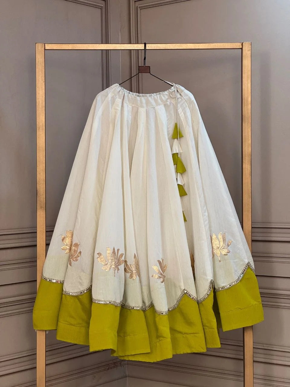 Pink lehenga skirt lime green border lotus gota mirror work navratri garba choli