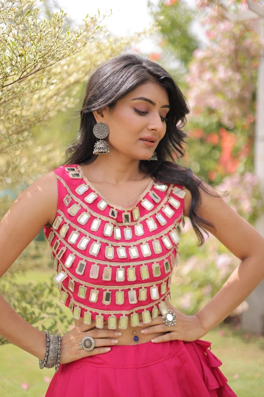 Navratri lehenga choli pink mirror lace blouse top front detail