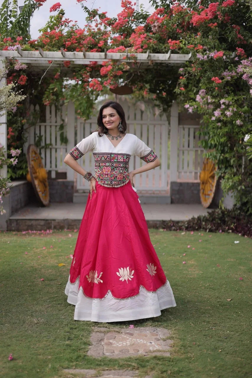 Garba lehenga choli pink magenta lotus mirror work border standing