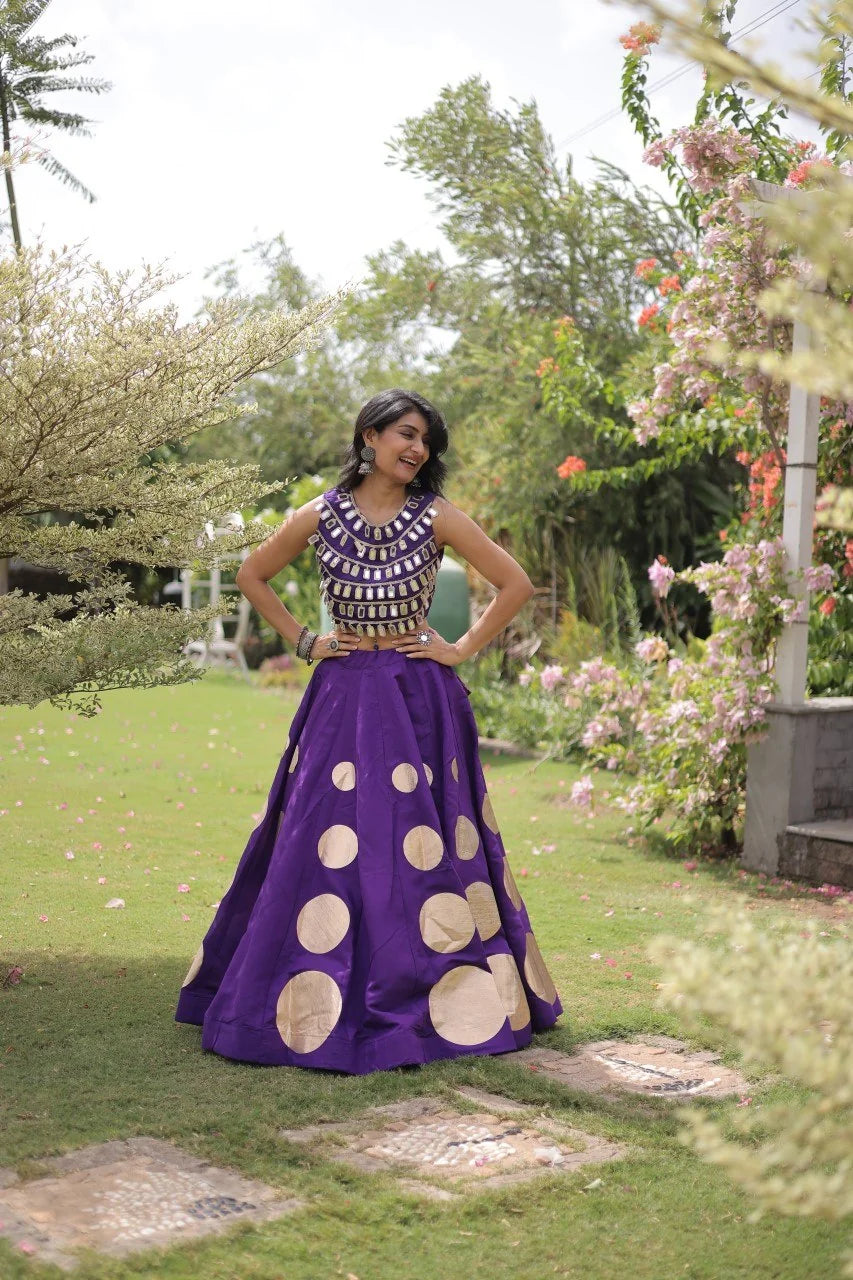 Navratri lehenga choli purple full standing round gota work pattern skirt