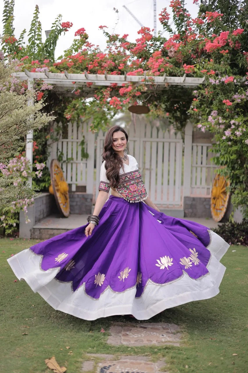 Purple garba lehenga choli 24 Kali stitching lotus border swing
