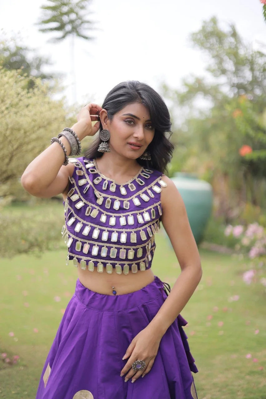 Navratri lehenga choli purple mirror lace work top closeup detail