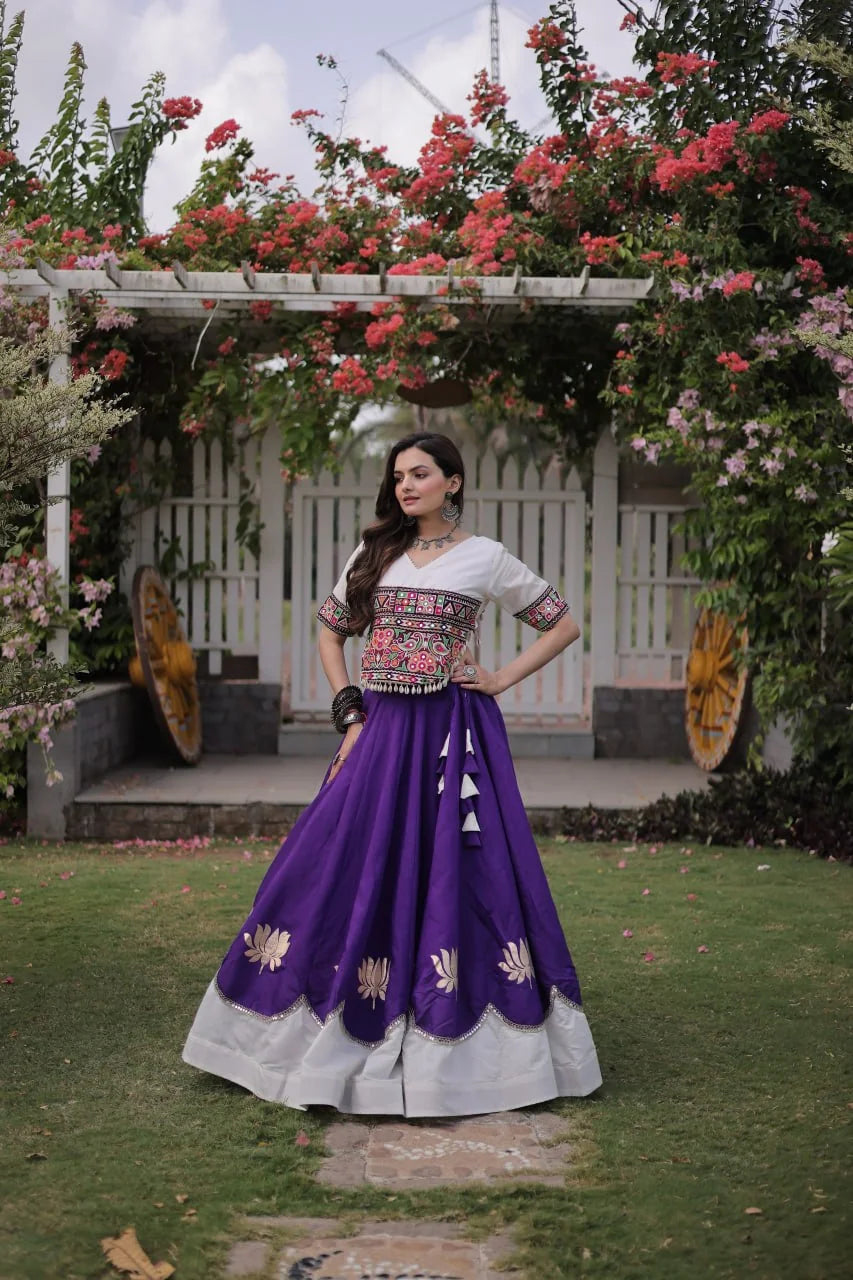 Navratri lehenga choli purple lehenga white Kutchi Gamthi top full length