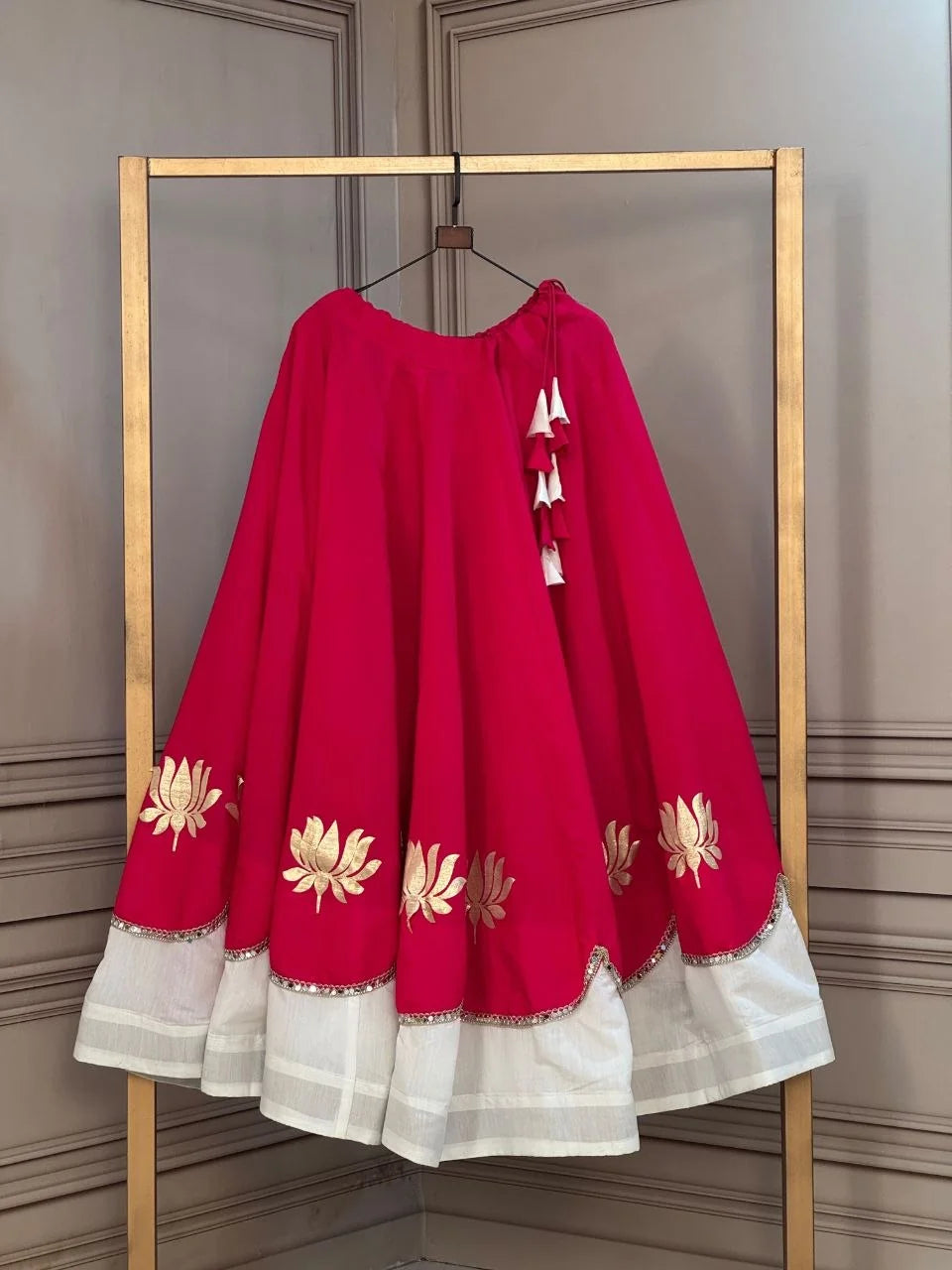 Rani pink lehenga skirt off-white border lotus gota mirror work navratri choli