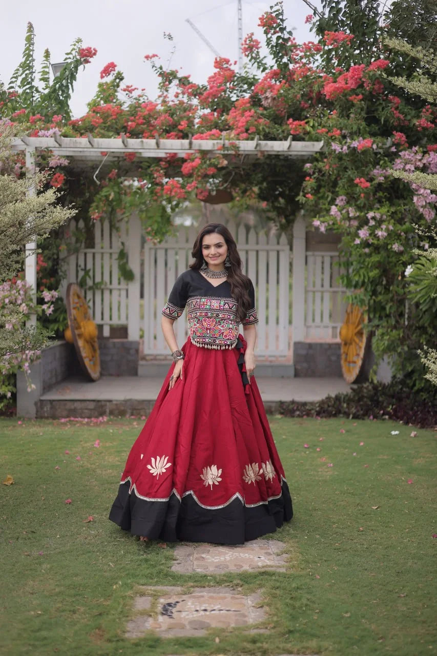 Navratri lehenga choli red Kutchi top olive 6 metre Roman lehenga full