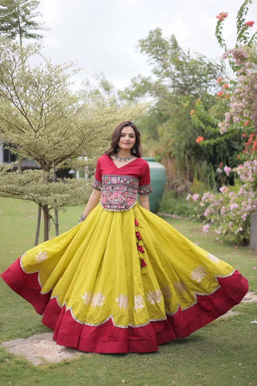 Kutchi gamthi lehenga red embroidery top olive lotus lehenga swing