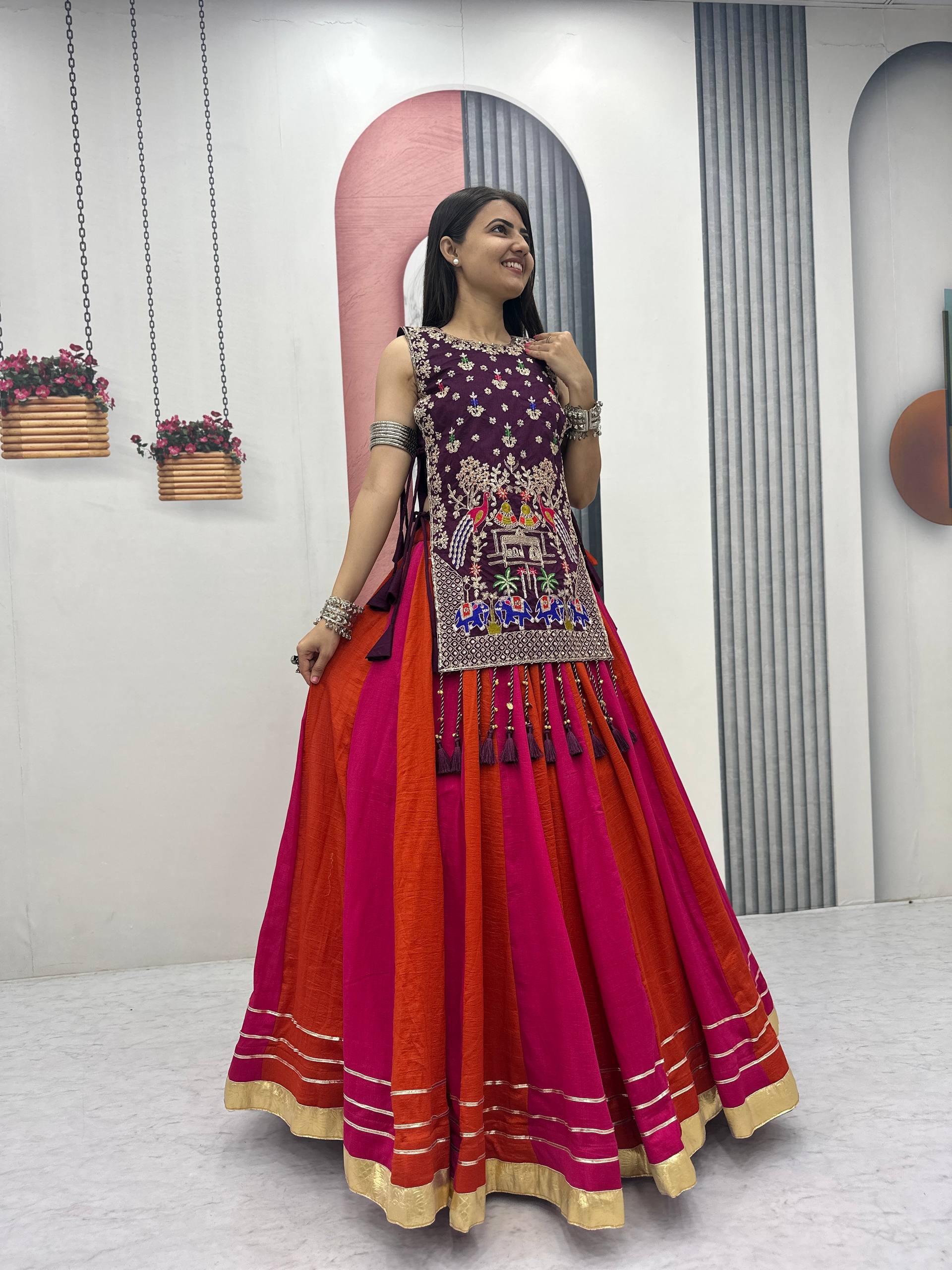 wine purple garba lehenga choli set angled view