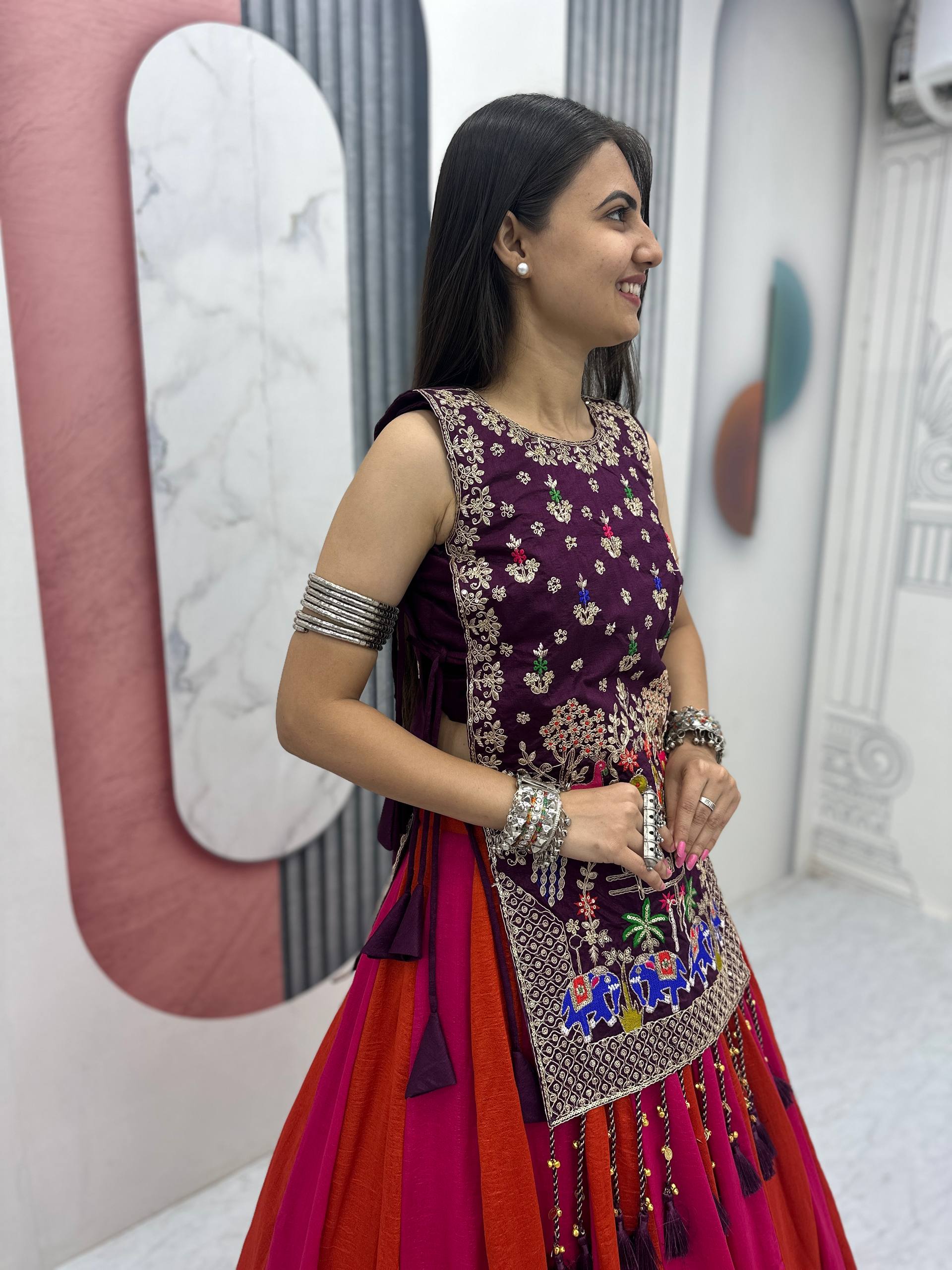 navratri lehenga choli set wine purple side view