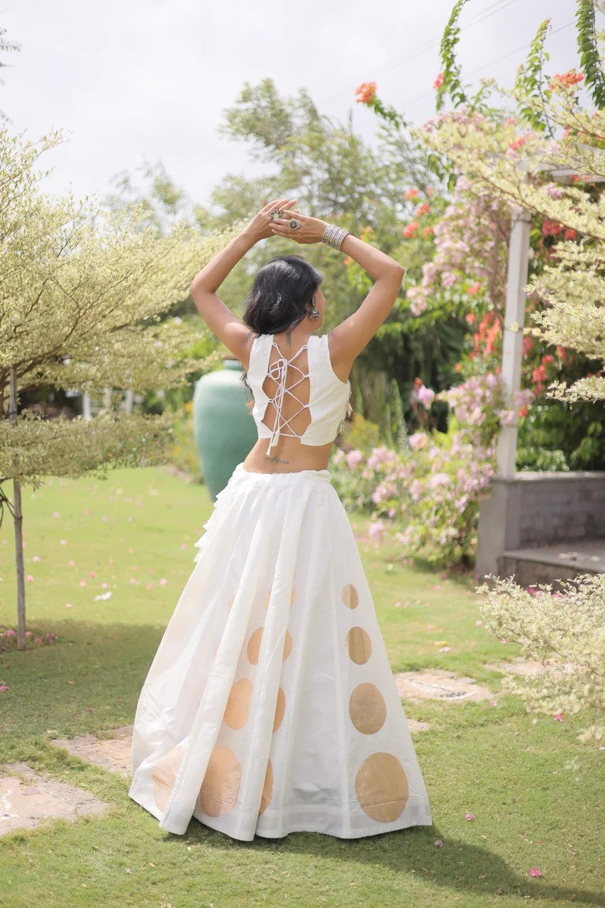 Roman silk navratri lehenga choli white back view lace-up blouse Chicorawear