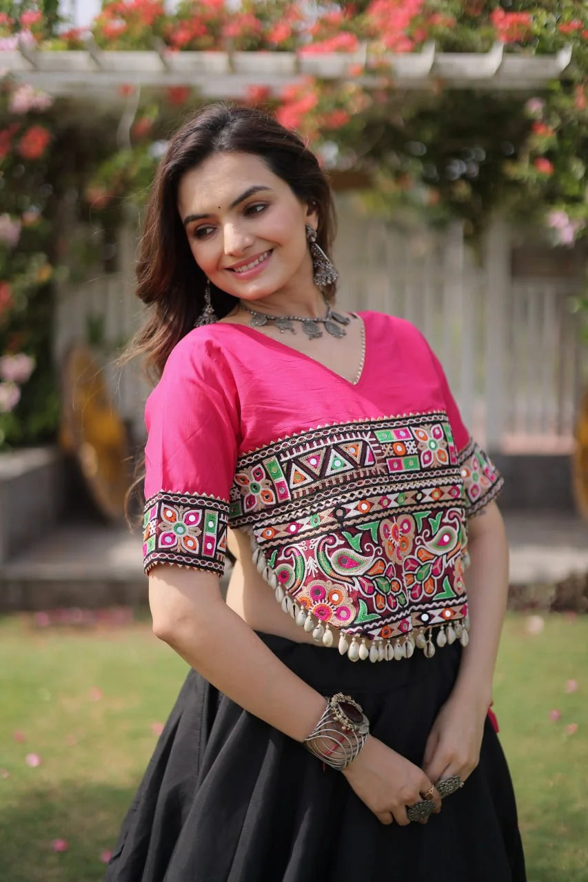 Navratri lehenga choli off-white lotus lehenga black Kutchi top front