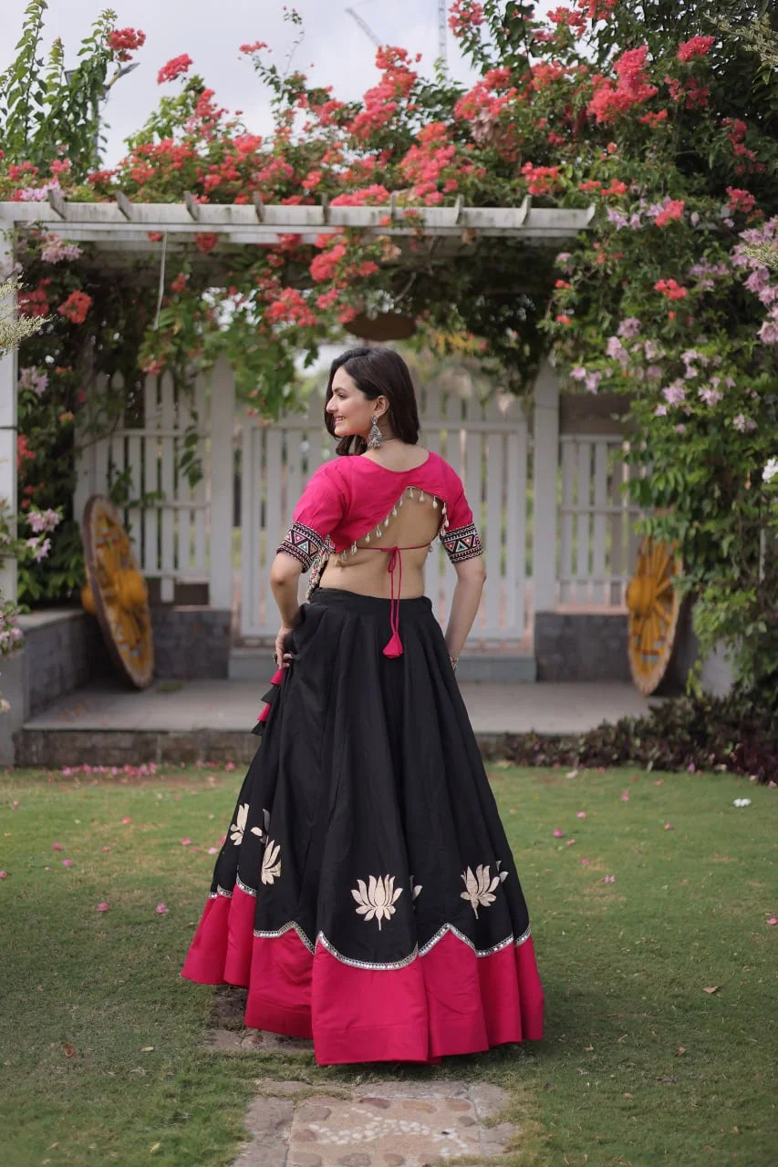 Garba lehenga choli white Roman fabric lehenga black embroidery top swing