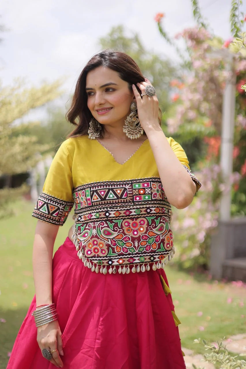 Navratri lehenga choli white lotus gota lehenga black Kutchi Gamthi top