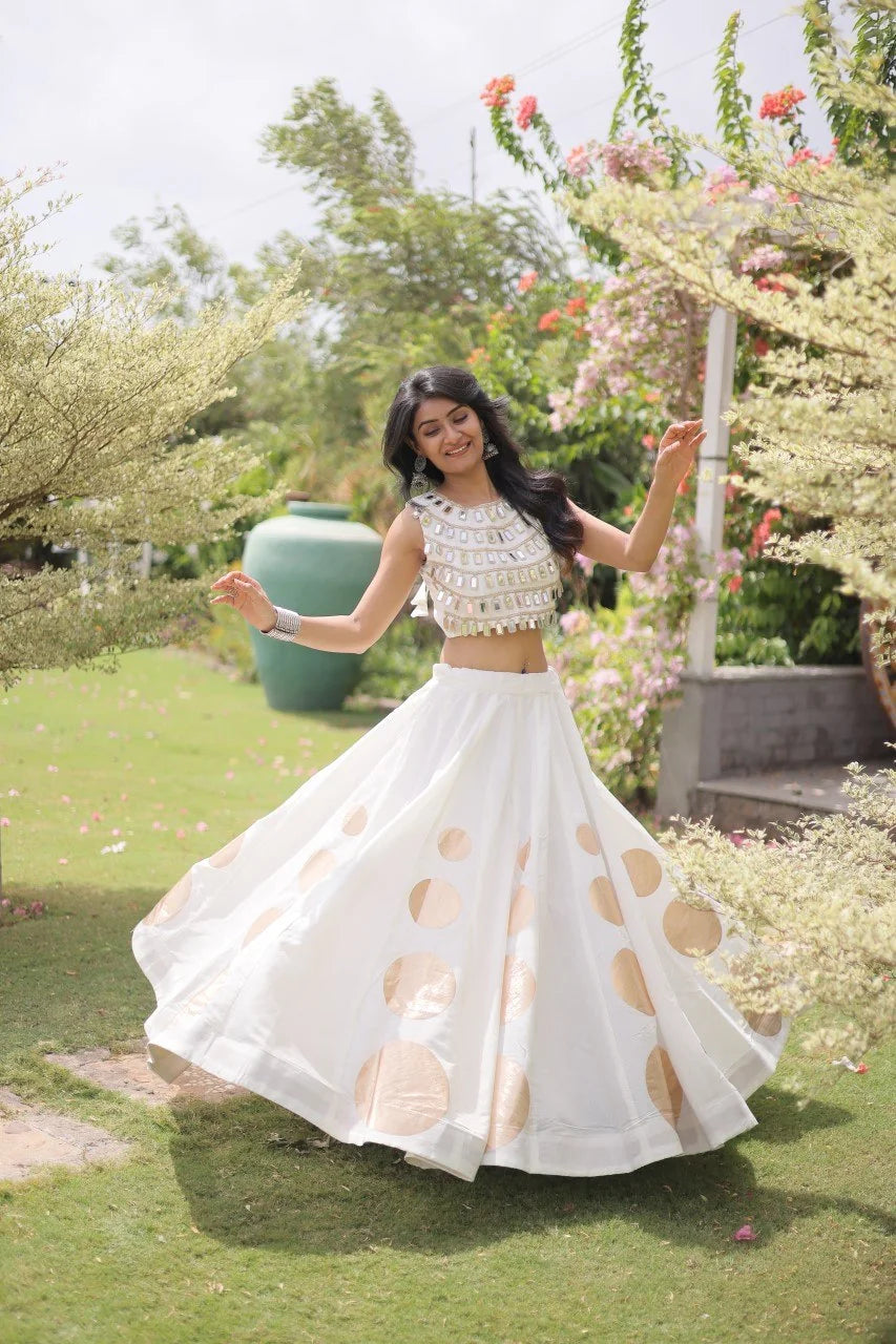 Navratri lehenga choli white mirror work top dancing pose 6-metre gota flair