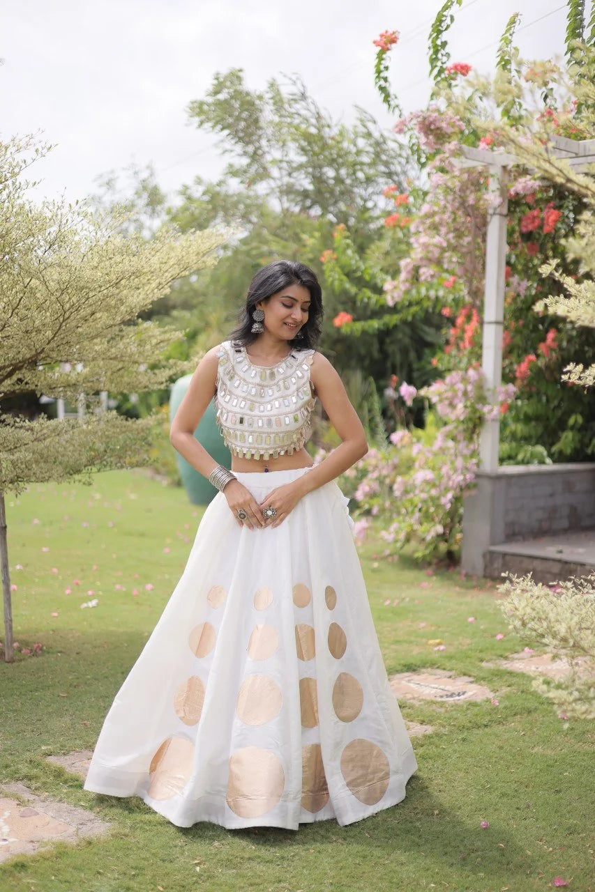 Roman silk navratri lehenga choli white full length front view garden