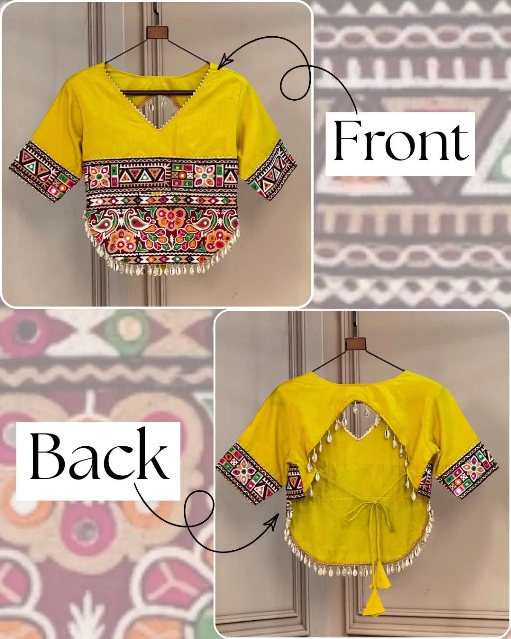 Yellow Kutchi Gamthi blouse navratri lehenga choli cowrie shell tassels front back