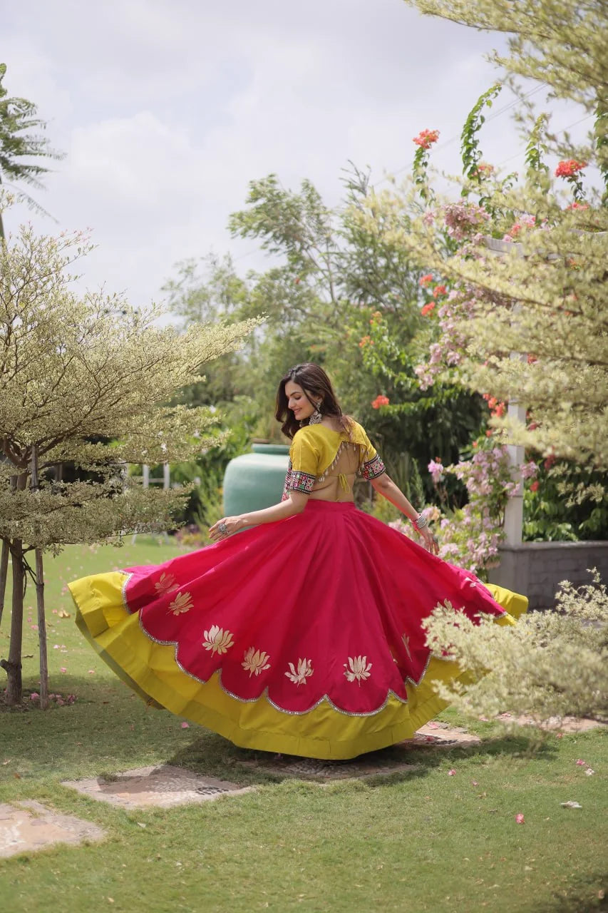 Roman fabric lehenga choli yellow top pink magenta lehenga front