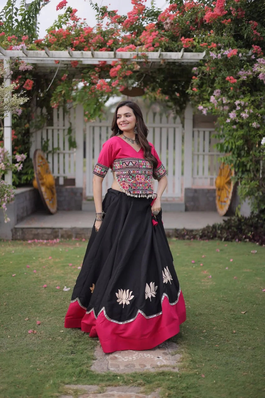 Navratri lehenga choli yellow Kutchi top pink lotus border lehenga swing