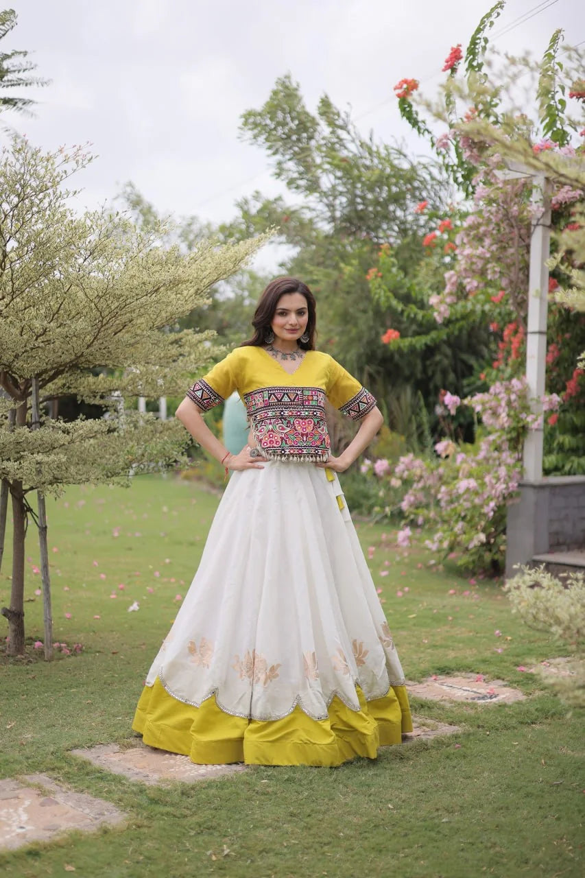 Navratri lehenga choli yellow top white lotus gota border side view